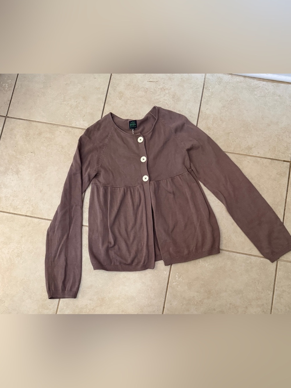 Mini Boden Brown Button-Front Gathered Waist Cardigan